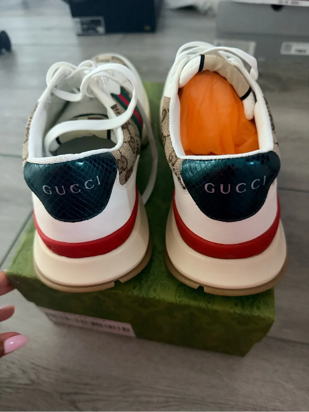 Gucci White Leather & GG Canvas Sneaker with Green-Red-Green Stripe